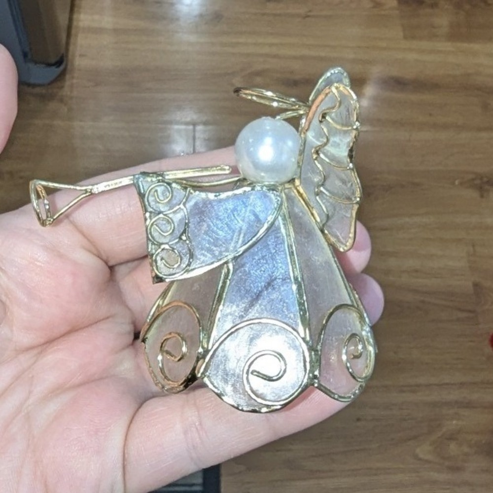 Vintage Angel Figurine Ornament Pearl Gold Stained Glass Wire Trumpet Christmas
